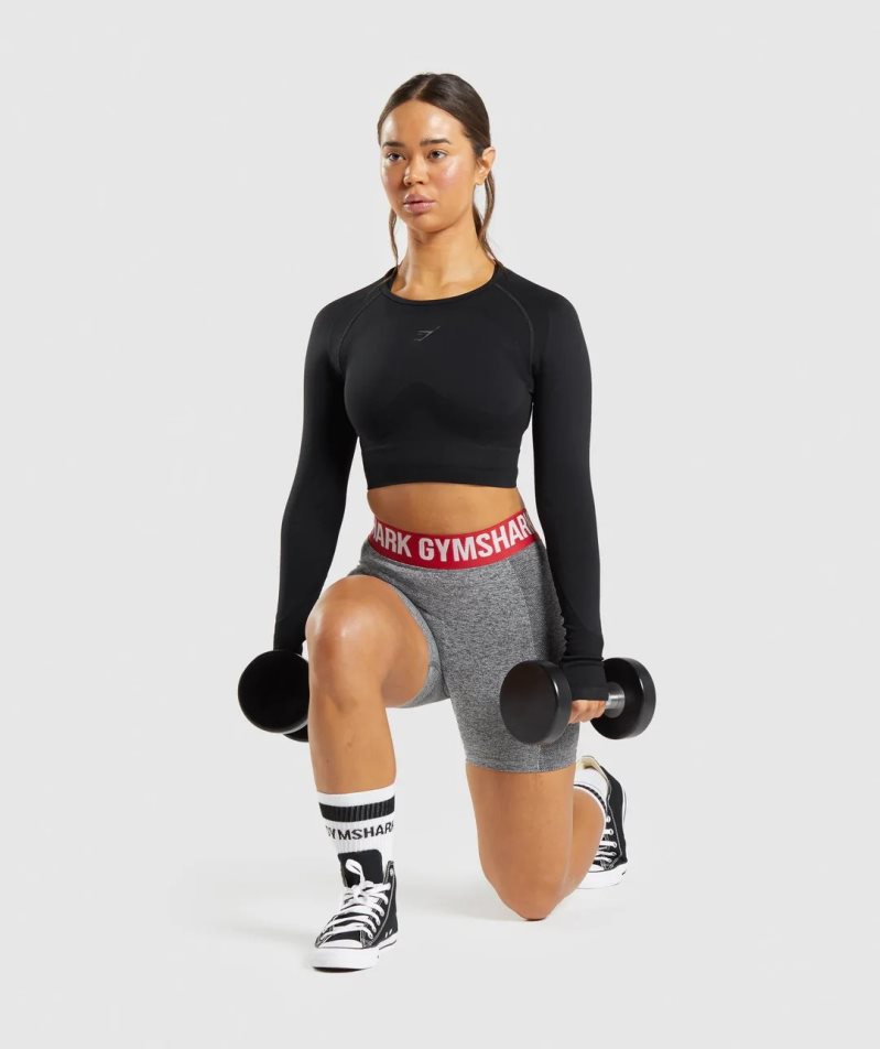 Women's Gymshark Flex Sports Long Sleeve Cropped Tops Black | CA A05618